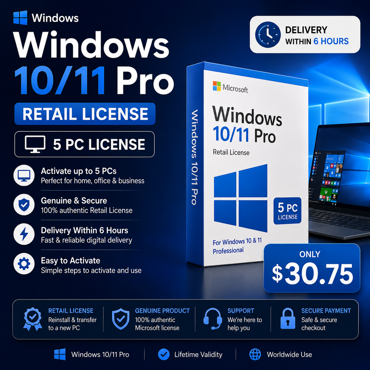 Windows 10/11 Pro Retail License – 5 PC Activation | $29.99